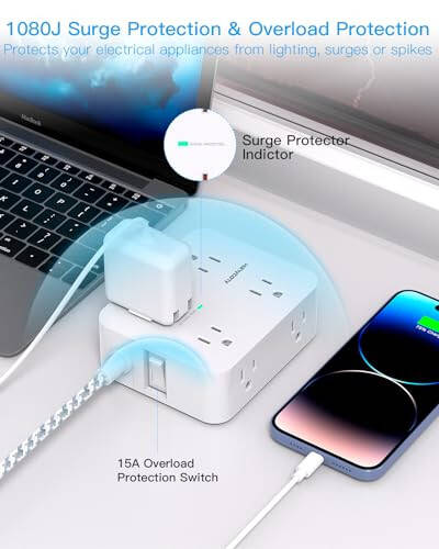 Surge Protector Power Strip - 8 Outlets with 4 USB (2 USB C) Charging Ports, Multi Plug Outlet Extender, 5Ft Braided Extension Cord, Flat Plug Wall Mount Desk USB Charging Station for Home Office ETL - 3