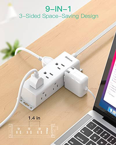 Surge Protector Power Strip - 9 Widely Spaced Multi Outlets, Wall Mount, 3 Side Outlet Extender with 5Ft Extension Cord, Flat Plug for Home Office - 2