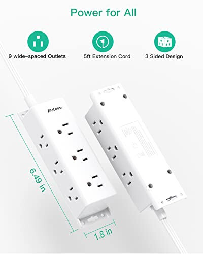 Surge Protector Power Strip - 9 Widely Spaced Multi Outlets, Wall Mount, 3 Side Outlet Extender with 5Ft Extension Cord, Flat Plug for Home Office - 7