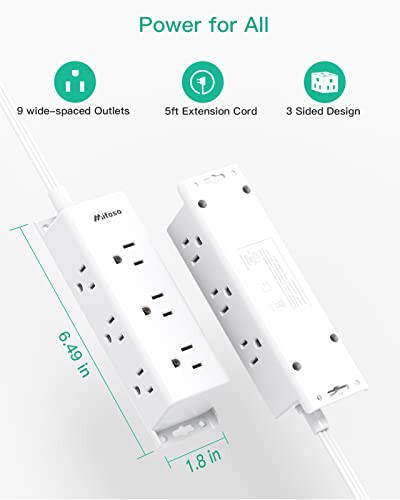 Surge Protector Power Strip - 9 Widely Spaced Multi Outlets, Wall Mount, 3 Side Outlet Extender with 5Ft Extension Cord, Flat Plug for Home Office - 7