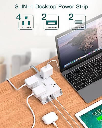 Surge Protector Power Strip, Addtam 5 ft Flat Plug Extension Cord with 4 USB Wall Charger(2 USB C Port), 4 Widely Outlets Desk Charging Station, Home Office and College Dorm Room Essentials - 2