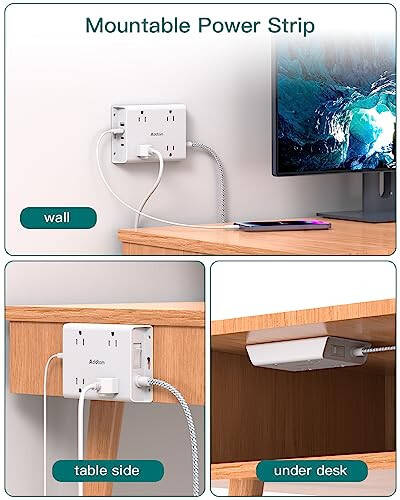 Surge Protector Power Strip, Addtam 5 ft Flat Plug Extension Cord with 4 USB Wall Charger(2 USB C Port), 4 Widely Outlets Desk Charging Station, Home Office and College Dorm Room Essentials - 7