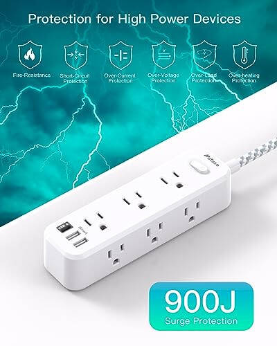 Surge Protector Power Strip, Braided Extension Cord with 9 AC Outlets 2 USB-A 1 USB-C Ports, 5ft Flat Plug Outlet Extension, 3 Sided Desktop Charging Station for Home,Office, Dorm, Travel, 900J - 4