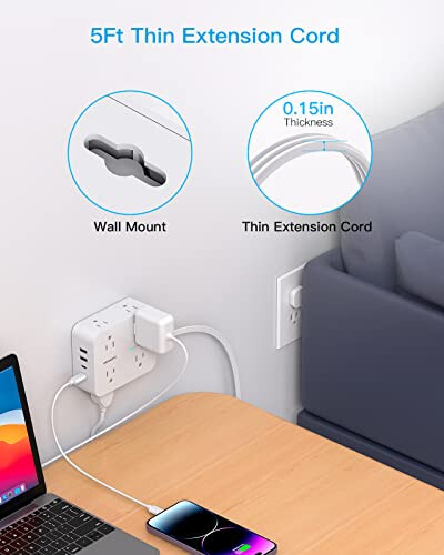 Surge Protector Power Strip, Extension Cord with Multiple Outlets, 5 Ft Ultra Thin Flat Plug 8 Outlets 4 USB Ports(2USB C),1080J Multi Plug Outlet Extender for Home Office College Dorm Room Essentials - 7