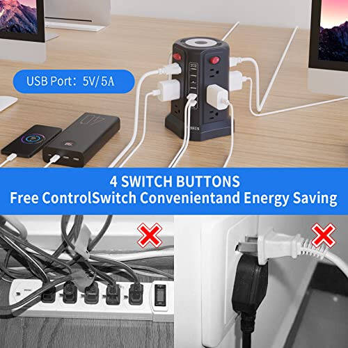 Surge Protector Power Strip Tower with 5 USB Ports and Night Light, 10FT Extension Cord with 12 AC Multiple Outlets, PASSUS Power Tower Overload Protection for Home Office Dorm Room Essentials(Black) - 5