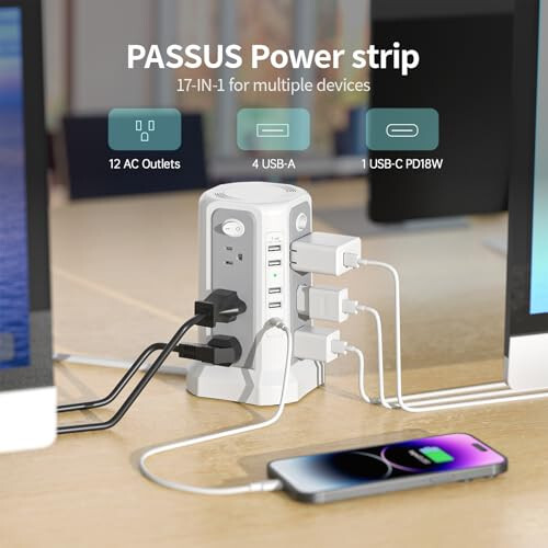 Surge Protector Power Strip Tower with USB C Port (PD18W), 10FT Extension Cord with 12 AC Outlets 5 USB Charging Ports, PASSUS Power Tower Surge Protection for Home Office DormRoom - 6