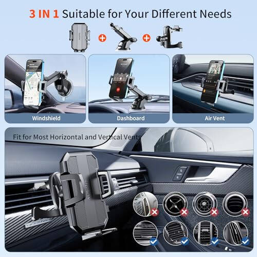 SUUSON Upgraded 3-in-1 Car Phone Holder Mount [Powerful Suction] Phone Mount for Car Dashboard Air Vent Windshield, for All iPhone Android Phone (Black) - 2