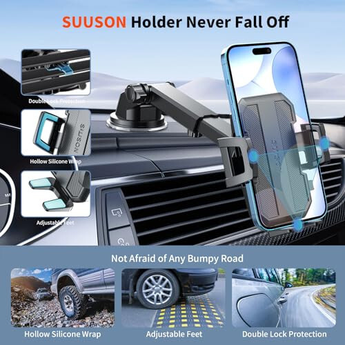 SUUSON Upgraded 3-in-1 Car Phone Holder Mount [Powerful Suction] Phone Mount for Car Dashboard Air Vent Windshield, for All iPhone Android Phone (Black) - 6