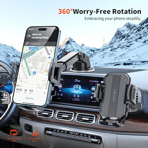 SUUSON Upgraded 3-in-1 Car Phone Holder Mount [Powerful Suction] Phone Mount for Car Dashboard Air Vent Windshield, for All iPhone Android Phone (Black) - 7