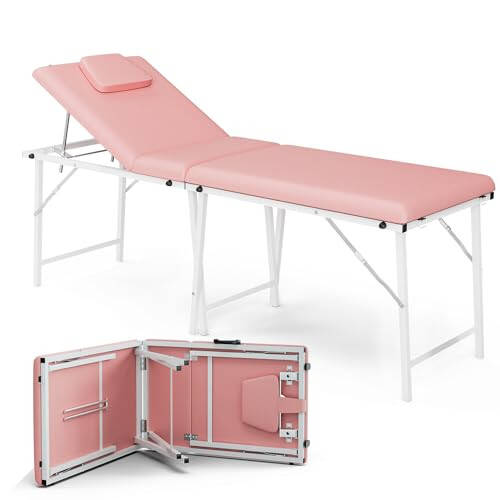 SyyBhb Portable Tattoo Bench Table Foldable Spa Chair Travel Massage Bed with Carrying Bag, Removable Headrest, Adjustable Angle, 75 Inch, Pink - 1