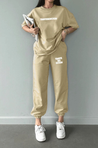 T-Shirt Jogger Pants - Beige Printed Top and Bottom Tracksuit Oversize Crew Neck - 3