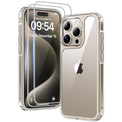 TAURI 3-in-1 iPhone 15 Pro Max Case, Clear, [No Yellowing], with 2X Screen Protector, [15 FT Military-Grade Protection] Shockproof Case for iPhone 15 Pro Max 6.7 inch - 1