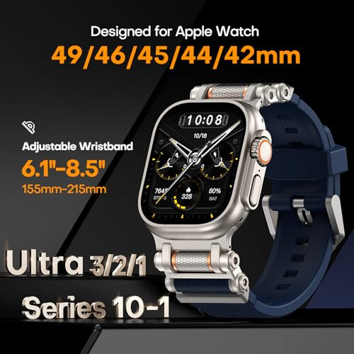 TAURI Designed for Apple Watch Band for Apple Watch Ultra 2/ Ultra 49mm [Liquid Silicone + Stainless Steel Metal Connector Band] for Series 10/9/8/7/6/SE/5/4/3/2/1 46mm/45mm/44mm/42mm, Navy Blue - 2