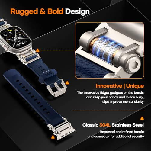 TAURI Designed for Apple Watch Band for Apple Watch Ultra 2/ Ultra 49mm [Liquid Silicone + Stainless Steel Metal Connector Band] for Series 10/9/8/7/6/SE/5/4/3/2/1 46mm/45mm/44mm/42mm, Navy Blue - 5