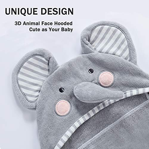 TBEZY Baby Hooded Towel with Unique Animal Design Ultra Soft Thick Cotton Bath Towel for Newborn (Elephant) - 8