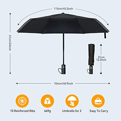 TechRise Large Windproof Umbrella, Wind Resistant Compact Travel Folding Umbrellas, Ladies Auto Open Close Strong Wind Proof Rain Proof with 10 Ribs golf umbrella collapsible for Men Women - 4