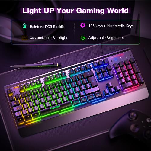 TECKNET RGB Gaming Keyboard, 105 Keys, All-Metal Panel, 15-Zone RGB Illumination, Silent Keyboard with Wrist Rest, 25 Anti-ghosting Keys, IP32 Water Resistance, USB Wired Keyboard for PC, Mac, Laptop - 2