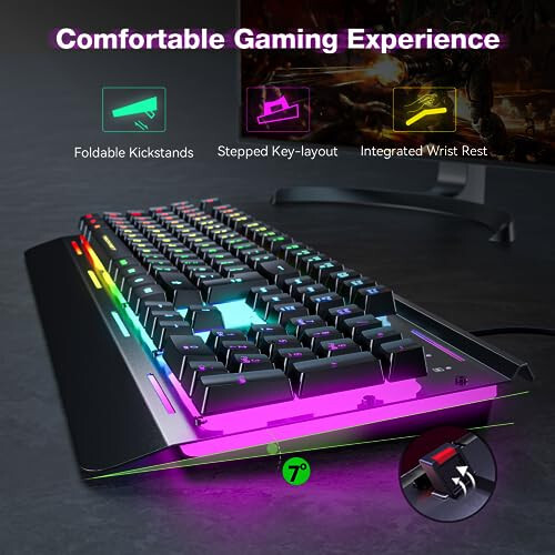 TECKNET RGB Gaming Keyboard, 105 Keys, All-Metal Panel, 15-Zone RGB Illumination, Silent Keyboard with Wrist Rest, 25 Anti-ghosting Keys, IP32 Water Resistance, USB Wired Keyboard for PC, Mac, Laptop - 3