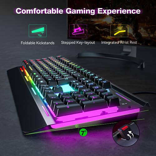 TECKNET RGB Gaming Keyboard, 105 Keys, All-Metal Panel, 15-Zone RGB Illumination, Silent Keyboard with Wrist Rest, 25 Anti-ghosting Keys, IP32 Water Resistance, USB Wired Keyboard for PC, Mac, Laptop - 3