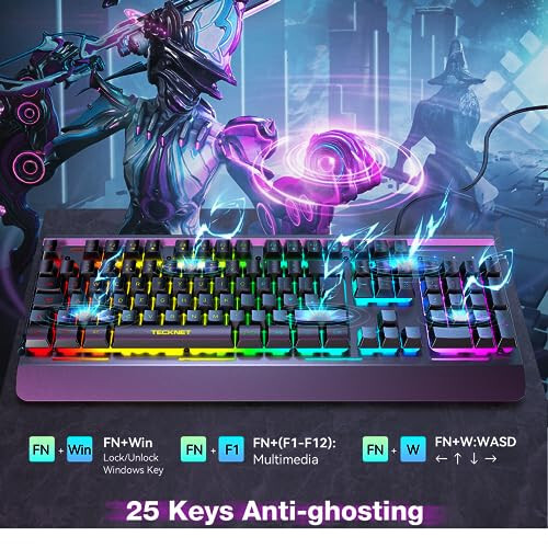 TECKNET RGB Gaming Keyboard, 105 Keys, All-Metal Panel, 15-Zone RGB Illumination, Silent Keyboard with Wrist Rest, 25 Anti-ghosting Keys, IP32 Water Resistance, USB Wired Keyboard for PC, Mac, Laptop - 5