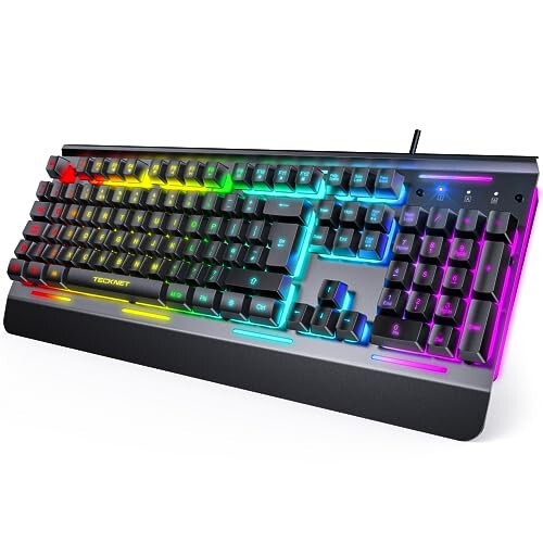 TECKNET RGB Oyun Klavyesi, 105 Tuş, Tamamen Metal Panel, 15 Bölgeli RGB Aydınlatma, Bilek Desteğiyle Sessiz Klavye, 25 Anti-Ghosting Tuş, IP32 Su Direnci, PC, Mac, Dizüstü Bilgisayar İçin USB Kablolu Klavye - 1