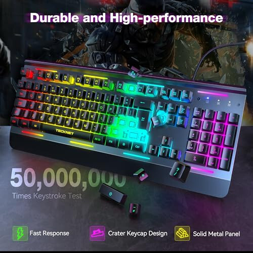 TECKNET RGB Oyun Klavyesi, 105 Tuş, Tamamen Metal Panel, 15 Bölgeli RGB Aydınlatma, Bilek Desteğiyle Sessiz Klavye, 25 Anti-Ghosting Tuş, IP32 Su Direnci, PC, Mac, Dizüstü Bilgisayar İçin USB Kablolu Klavye - 4