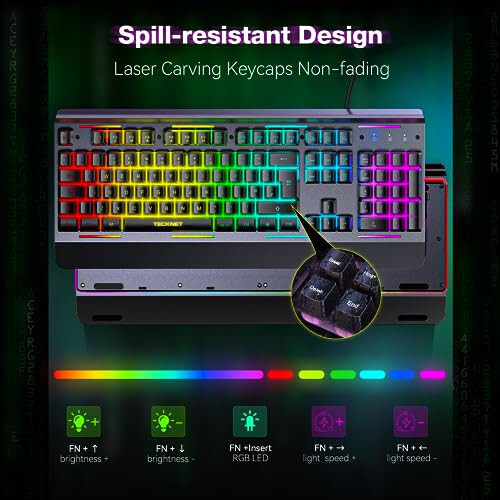 TECKNET RGB Oyun Klavyesi, 105 Tuş, Tamamen Metal Panel, 15 Bölgeli RGB Aydınlatma, Bilek Desteğiyle Sessiz Klavye, 25 Anti-Ghosting Tuş, IP32 Su Direnci, PC, Mac, Dizüstü Bilgisayar İçin USB Kablolu Klavye - 6