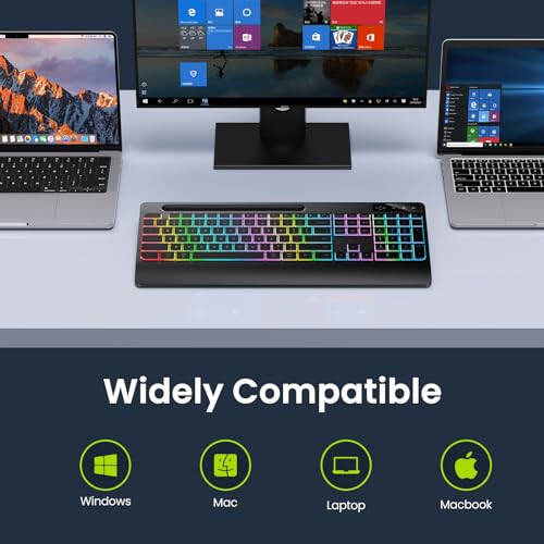 TECURS Kablosuz Klavye - 2.4G Kablosuz Oyun Klavyesi Bilek Desteği ile Telefon Tutucu, Şarj Edilebilir Ergonomik Klavye, LED Arka Aydınlatmalı, Sessiz Klavye PC/MAC/Windows için - 6