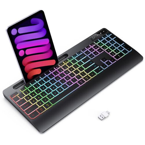 TECURS Wireless Keyboard - 2.4G Wireless Gaming Keyboard Wrist Rest with Phone Holder, Rechargeable Ergonomic Keyboard, LED Backlit, Silent Keyboard for PC/MAC/Windows - 1