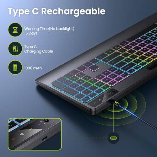 TECURS Wireless Keyboard - 2.4G Wireless Gaming Keyboard Wrist Rest with Phone Holder, Rechargeable Ergonomic Keyboard, LED Backlit, Silent Keyboard for PC/MAC/Windows - 5