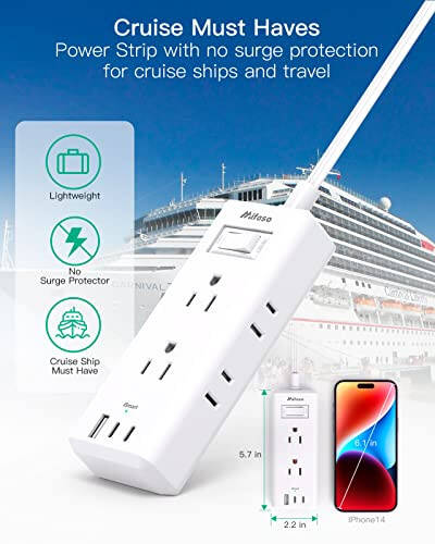 Tekis vilkali uzatma simi, 5 fut Ultra ingichka tekis quvvat tarqatish paneli - 6 rozetka 3 USB port (2 USB C) 3 yon rozetka kengaytirgichi, To'lqin himoyasi bo'lmagan quvvat tarqatish paneli, kruiz, sayohat, yotoqxona uchun zaruriy narsalar - 6