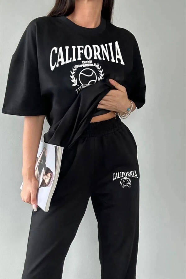 Tennis Sweatpants And T-shirt - Black Jogger T-shirt Top Bottom Tracksuit Oversize Crew Neck - 3