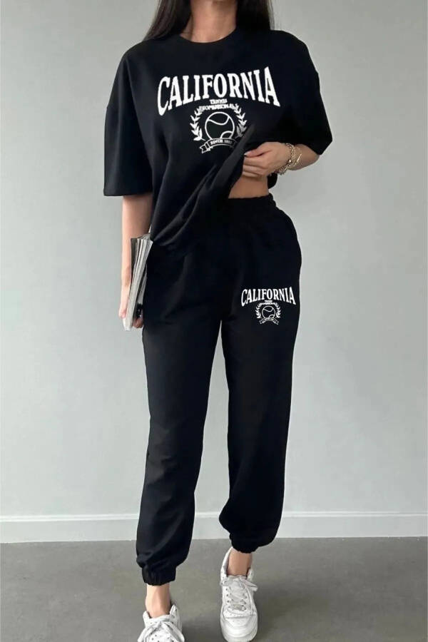 Tennis Sweatpants And T-shirt - Black Jogger T-shirt Top Bottom Tracksuit Oversize Crew Neck - 4