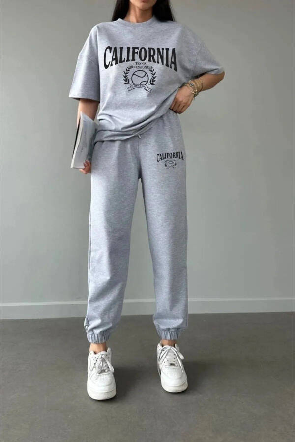 Tennis Tracksuit Set Grey Jogger T-shirt Top and Bottom Oversize Bike Neck - 1