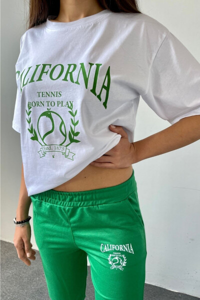 Tennis White T-shirt Green Sweatpants - Jogger T-shirt Bottom Top Sweatsuit Oversize Crew Neck - 3