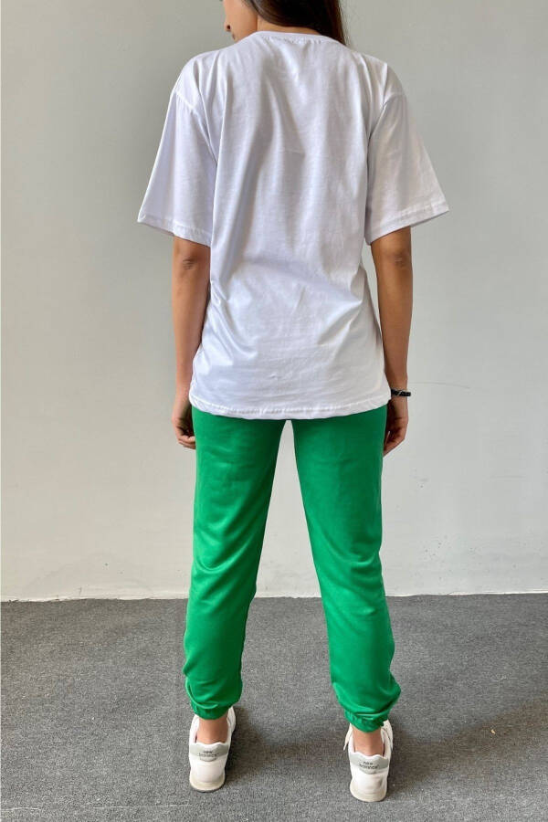 Tennis White T-shirt Green Sweatpants - Jogger T-shirt Bottom Top Sweatsuit Oversize Crew Neck - 2