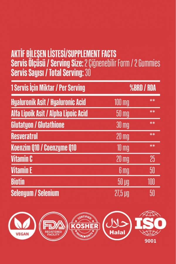 Teri Vitamini Chaynaladigan Vegan Gummy, Giyalyuron kislotasi, S vitamini, Glyutatsion, Q10, ALA, Biotin - 7