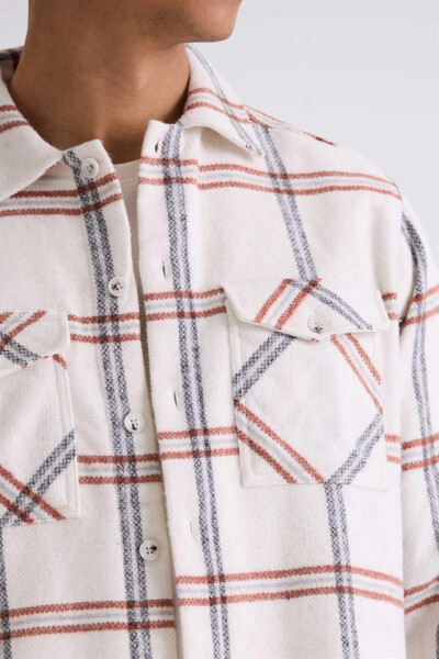 Terracotta Oversized Loose Fit Plaid Cotton Pocket Flannel Shirt - 3