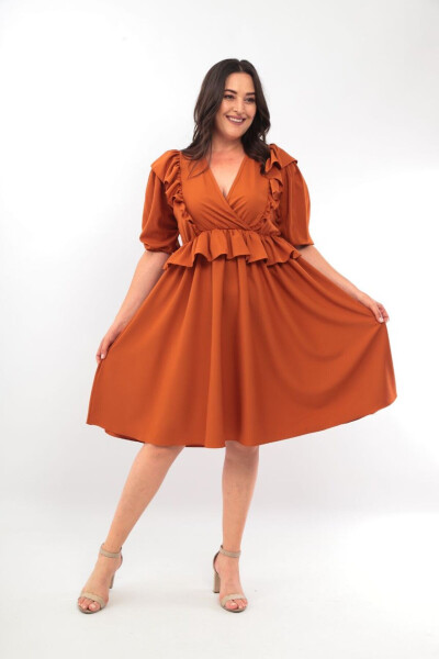 Terracotta Wrap Neck Mini Ruffled Plus Size Chiffon Dress - 1