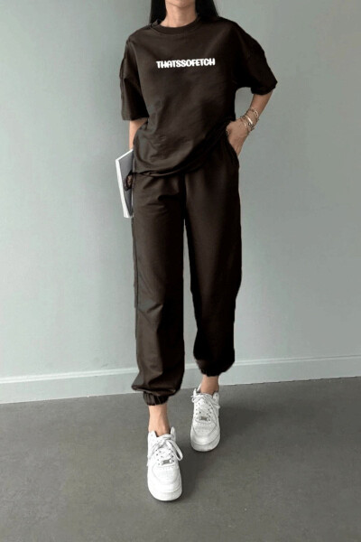 Thatssofetch T-Shirt Jogger Pants - Coffee Print Top and Bottom Sweatsuit Oversized Crew Neck - 1