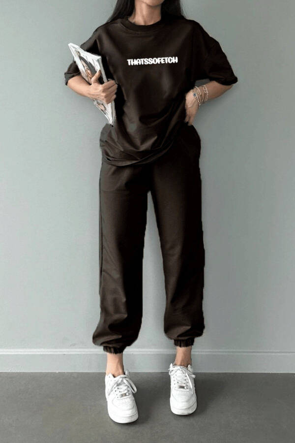 Thatssofetch T-Shirt Jogger Pants - Coffee Print Top and Bottom Sweatsuit Oversized Crew Neck - 2