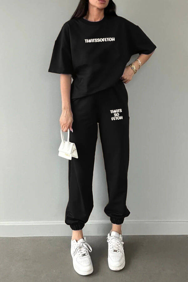 Thatssofetch T-shirt Jogger Sweatpants - Black Print Top and Bottom Sweatsuit Oversize Crew Neck - 3