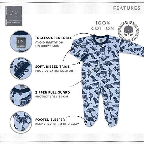 The Peanutshell Baby Sleeper Set for Boys or Girls | 3 Pack in Dinosaur, Solid Blue & Dots | Newborn to 9M Footed Pajamas - 32