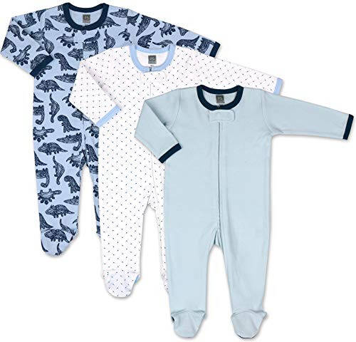 The Peanutshell Baby Sleeper Set for Boys or Girls | 3 Pack in Dinosaur, Solid Blue & Dots | Newborn to 9M Footed Pajamas - 25