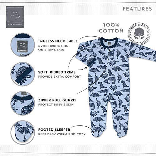 The Peanutshell Baby Sleeper Set for Boys or Girls | 3 Pack in Dinosaur, Solid Blue & Dots | Newborn to 9M Footed Pajamas - 26