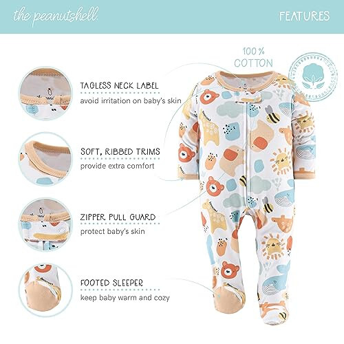 The Peanutshell Oyoqlik Pijamalar Kichkintoy O'g'il yoki Qizlar Uchun, Uyqu va O'yin Footies, Unisex 3 Paket - 32