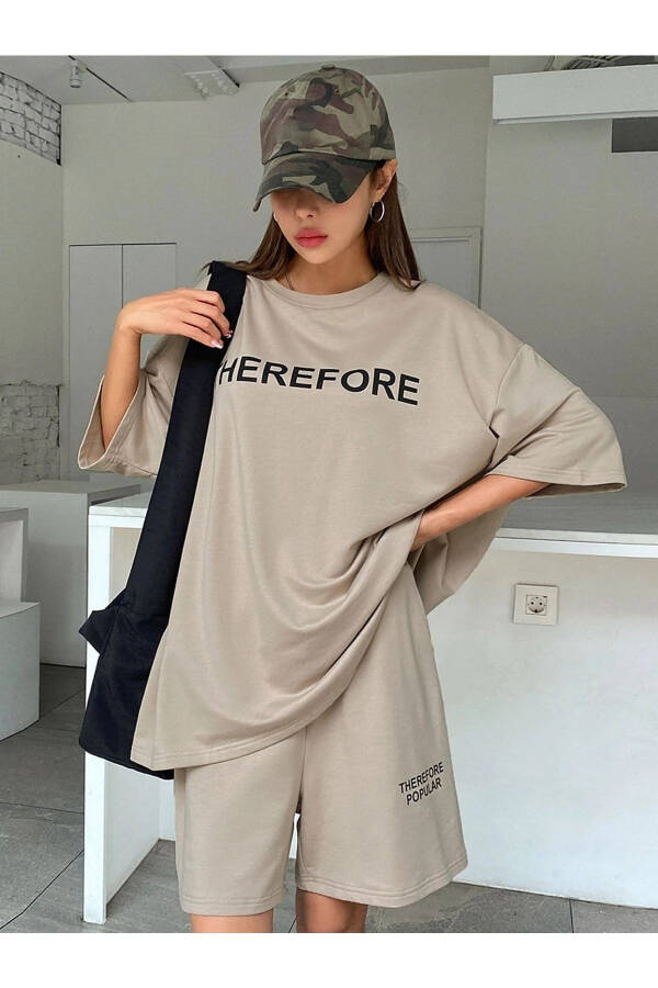 Therefore T-Shirt Penye Şort - Bej Alt Üst Takım Baskılı Oversize Bisiklet Yaka - 8