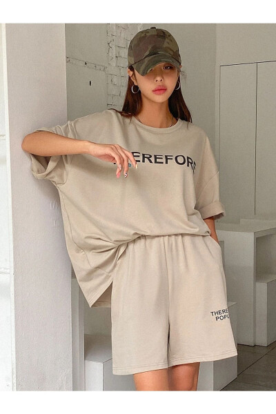 Therefore T-Shirt Penye Şort - Bej Alt Üst Takım Baskılı Oversize Bisiklet Yaka - 10