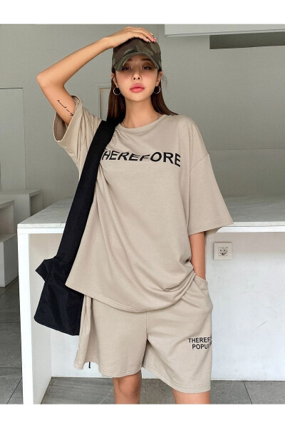 Therefore T-Shirt Penye Şort - Bej Alt Üst Takım Baskılı Oversize Bisiklet Yaka - 11