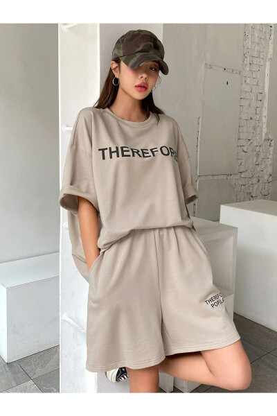 Therefore T-Shirt Penye Şort - Bej Alt Üst Takım Baskılı Oversize Bisiklet Yaka - 12